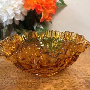 Vintage Fenton Amber Carnival‎ Glass Bowl Thumbprint Ruffled Edge Crimped Dish
